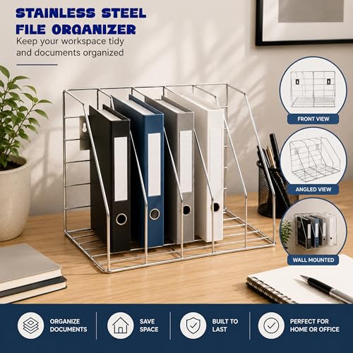 Image of Zepdos Stainless Steel File Organizer Rack for Desk, 4 Slot Magazine Holder & Document Organizer Stand, Wall Mounted Office File Holder for Books, Files Rack | Home & Office Desk Organizer