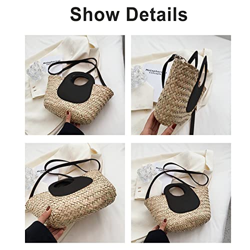 Straw Bag, Beach Bag for Women, Hand-Woven Soft Handbag, Mini Beach Crossbody Design Leather Handle, Woven Bag for Vacation Travel Daily (Black3