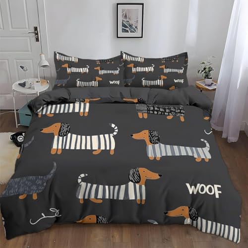 NDXRWDZR 布団セット 黒いダックスフント 枕カバー付寝具 柔らかい 通気性 抗菌 防臭 防ダニ ポリエステル布団カバー 190x210 cm + 2 枕カバー 43x63 cm