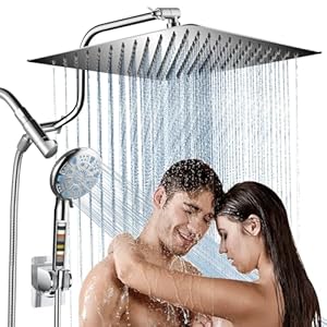 Cobbe 12 Inch All Metal 3-Way Rain Shower Head, High Pressure Shower Head, Dual Shower Heads with Handheld Spray Combo – Upgrade Extension Arm Height Adjustable – 9 Spray Filtered Shower Head, Chrome