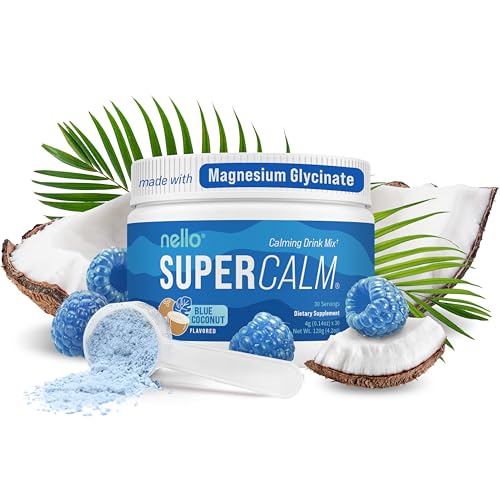 Image of Nello Supercalm Powdered Drink Mix Tub, Cortisol Reducer* and Sleep Aid Supplement, L Theanine, Ksm-66 Ashwagandha, Magnesium Glycinate, Vitamin D 3, No Sugar, Non GMO, On The Go, 30 Ct, Blue Coconut