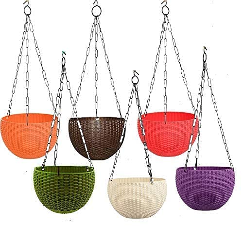 CosaCentrum Plastic Hanging Euro Basket Small Planters Flowers Pot Indoor Outdoor Hanging Flower Plant Pot with Hanging with Chain for Home & Garden (Pack of 5) 8inch