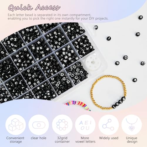 Image of Amaney 1600pcs Black Letter Beads 4x7mm Round Acrylic Alphabet A-Z Number Star Smiley Beads and Heart Pattern for Jewelry Making