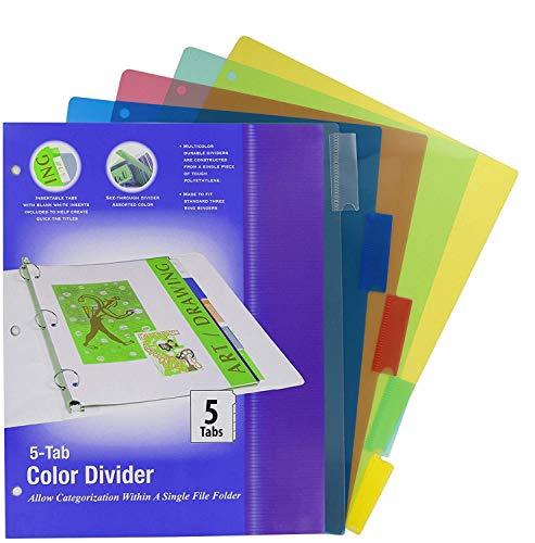 3 Ring Binder Dividers with 5 Insertable Color Tabs with Blank White Inserts Included for School, College, Kids and Adults  School Supplies, Office Accessories (Pack of 4) - by Emraw