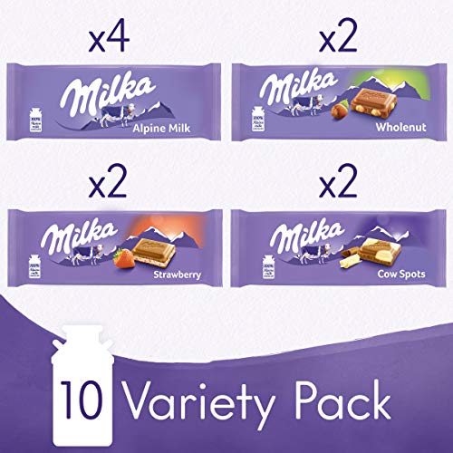 Image of Milka European Chocolate Bars Variety Pack, Alpine Milk Chocolate, Cow Spots, Strawberry & Wholenut Hazelnut, 3.52 oz Bars, 10 Count (Pack of 2)