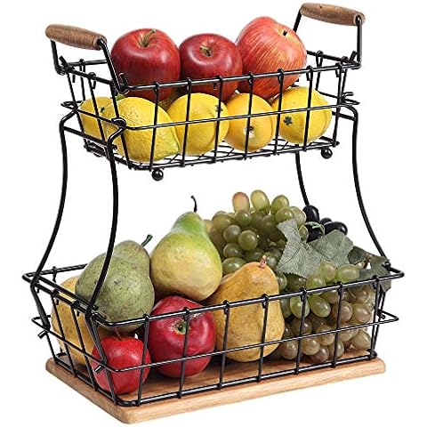 SunnyPoint 2-Tier Rectangle Countertop Fruit, Bread Wire Basket (Black, Metal + Wood base) Cover