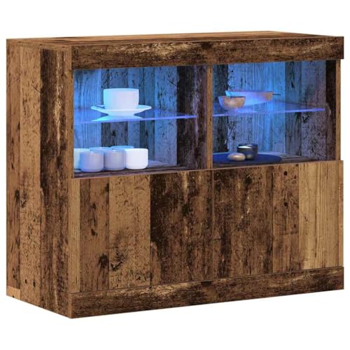 vidaXL Aparador con Luces LED Acabado Rústico Madera Vieja 81Cm Largo 67Cm Alto Buffet para Comedor Y Almacenamiento Sala Mueble con Puertas De Cristal De Madera Interior