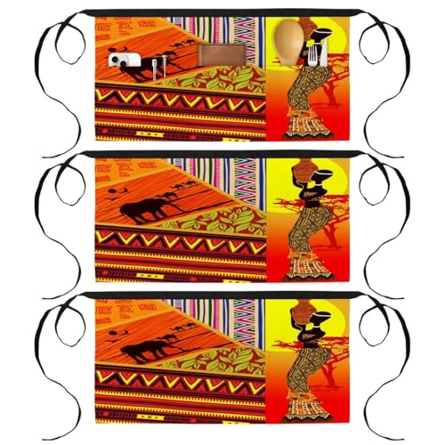 Demi-tablier court de cuisine lot de 3 avec poches motif fille africaine
