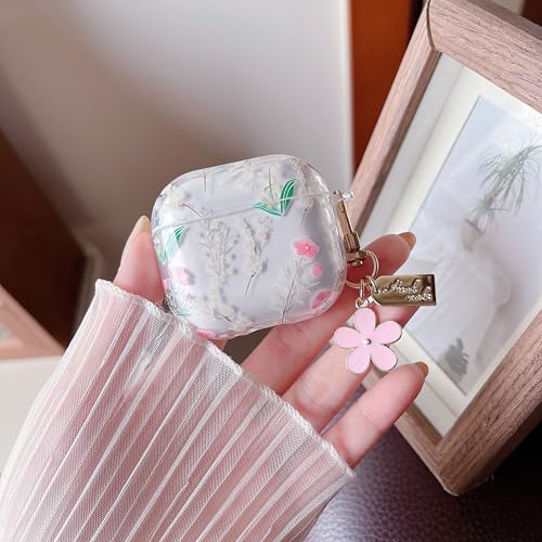 Image of MINSCOSE for AirPods 4 Clear Case,Cute Flowers Leaves Pattern Design with Kawaii Floral Keychain,Soft Silicone Protective Shockproof Cover with Cleaner Kit for Girls Women-Pink