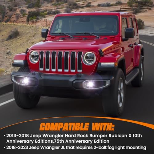 Image of White /Amber LED Fog Lights for 2013-2024 Jeep Wrangler JK JL 10th 75th Anniversary Edition Hard Rock Bumper, 2PCS DOT Approved 60W Dual Color Fog Lamps Assembly Kit Replacement