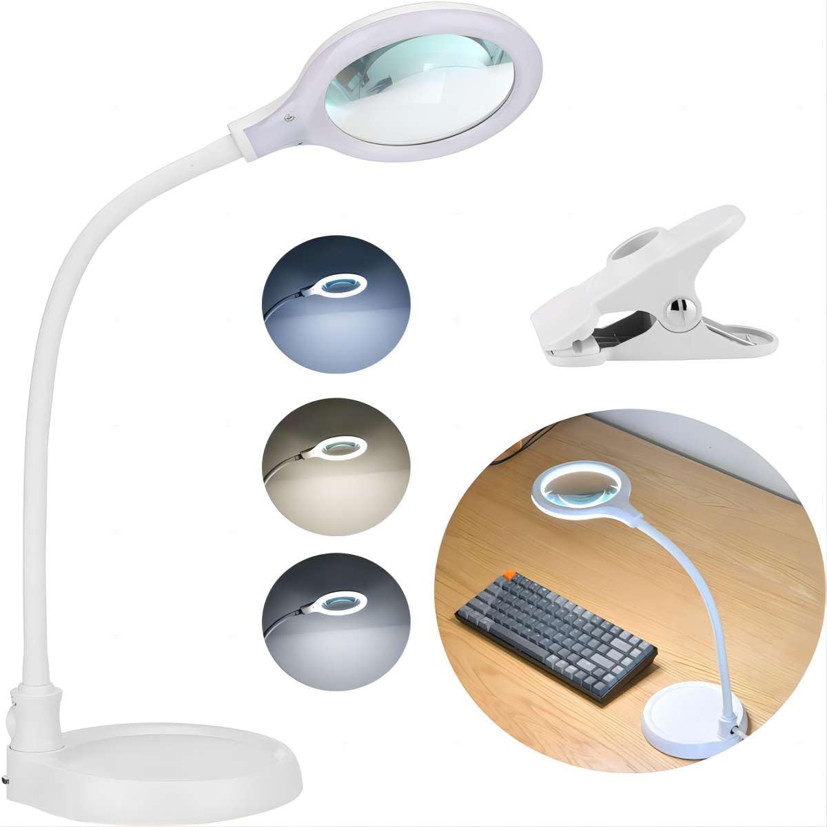 MULTIREX Lampe loupe LED 30 SMD 3D/5D, lentilles interchangeables, bras pliable flexible, fixation socle ou pince, lumière du jour 6500 K