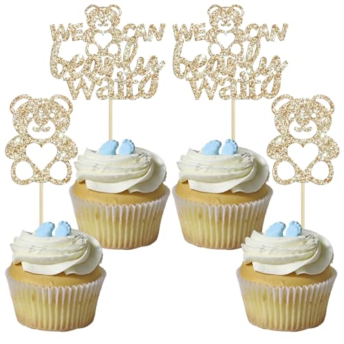 Gyufise 24Pcs We Can Bearly Wait Cupcake Toppers Champage Gold Glitter Bear Cupcake Picks Baby Shower Cake Decorations for Gender Reveal Theme Baby Shower Kids Birthday Party Supplies