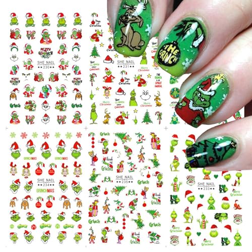 6 Sheets Christmas Nail Art Stickers Green Monster Nail Decals Cartoon Santa Claus Xmas Tree 3D Self-Adhesive Nails Design Sticker Xmas Holiday Nails Supplies for Women Christmas Manicure Accessories