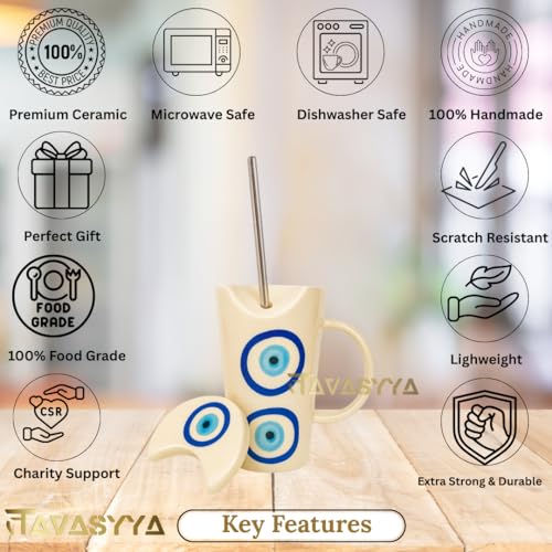 Image of Handmade Ceramic Mug, 450ml Tumbler with Lid & Straw - Cream with Blue Evil Eye Design, Cup for Hot & Cold Beverages - Coffee, Tea, Milk | Microwave & Dishwasher Safe | Perfect for Gifting