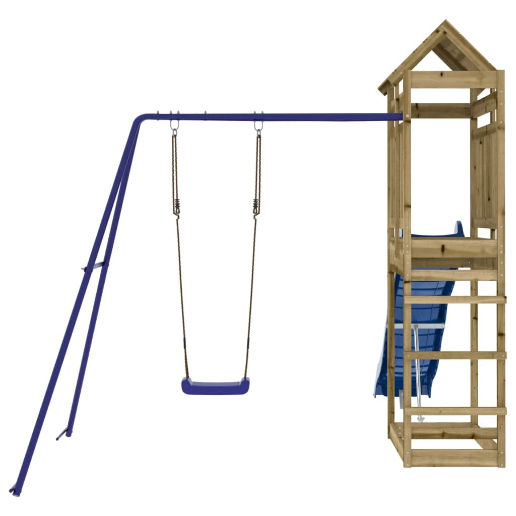 Wieża do zabawy z impregnowanego ciśnieniowo drewna sosnowego z huśtawką, zjeżdżalnią falistą i piaskownicą, platforma 118 cm, ogród plac zabaw dla dzieci w wieku od 3 do 8 lat, 249 x 335 x
