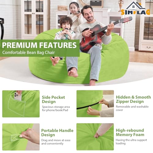 4FT Bean Bag Chair, Large Bean Bag Chairs with Memory Foam Filled, Fluffy Beanbag Sofa with Dutch Velvet Cover, Round BeanBag Chairs for Living Room, Playroom - Lime