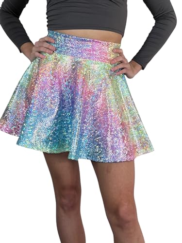 Rainbow Ombre Holographic High Waisted Skater Skirt - Made in USA - Lover Skirt