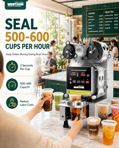 Image of WantJoin Cup Sealer Machine - Full Automatic Cup Sealing Machine Electric Boba Sealing Machine Seals 500-600 Cups /H Digital Control Panel Cup Sealer for Bubble Milk Tea Coffee Shop,20''H 90 /95mm