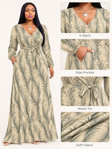 Image of PinkPatty Women's Long Sleeve Maxi Dress Plus Size Trendy Wedding Guest Wrap Dress with Pockets&Belt