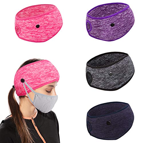 4 Pack Women Ponytail Headband with Button- Cold Weather Button Headband in 4 Colors Fleece Ear Warmers Head Wrap Winter Earmuffs Winter Warm Supplies for Ladies Girls Outdoor Sports Holiday Presents