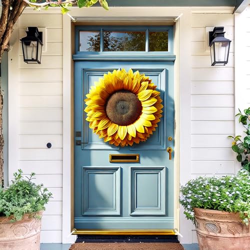 Image of Giant Sunflower Door Cover 35x71in Summer Bloom Blue