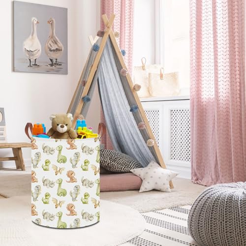 Image of 19.7 inch Laundry Basket,Dirty Clothes Hamper,Waterproof Storage Bin,Room Decor,Gift Baskets,Nursery Hamper(Watercolor Dinosaur)