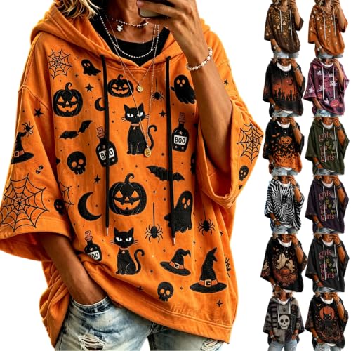 Halloween Womans Hoodies Pumpkin Cat Ghost Print 3/4 Sleeve Sweatshirts