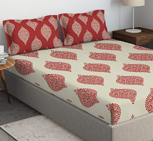 Image of DDECOR - Medallion 100% Cotton Fitted Bedsheet with 2 Pillow Covers, King Size, Red