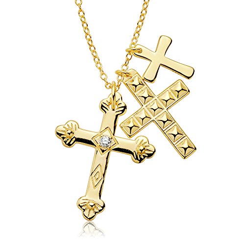 Iyé Biyé Jewels - Collar Mujer Tres Cruces Plata de Ley 925 baño Oro Amarillo. Cadena Forzada 50cm Ajustable.