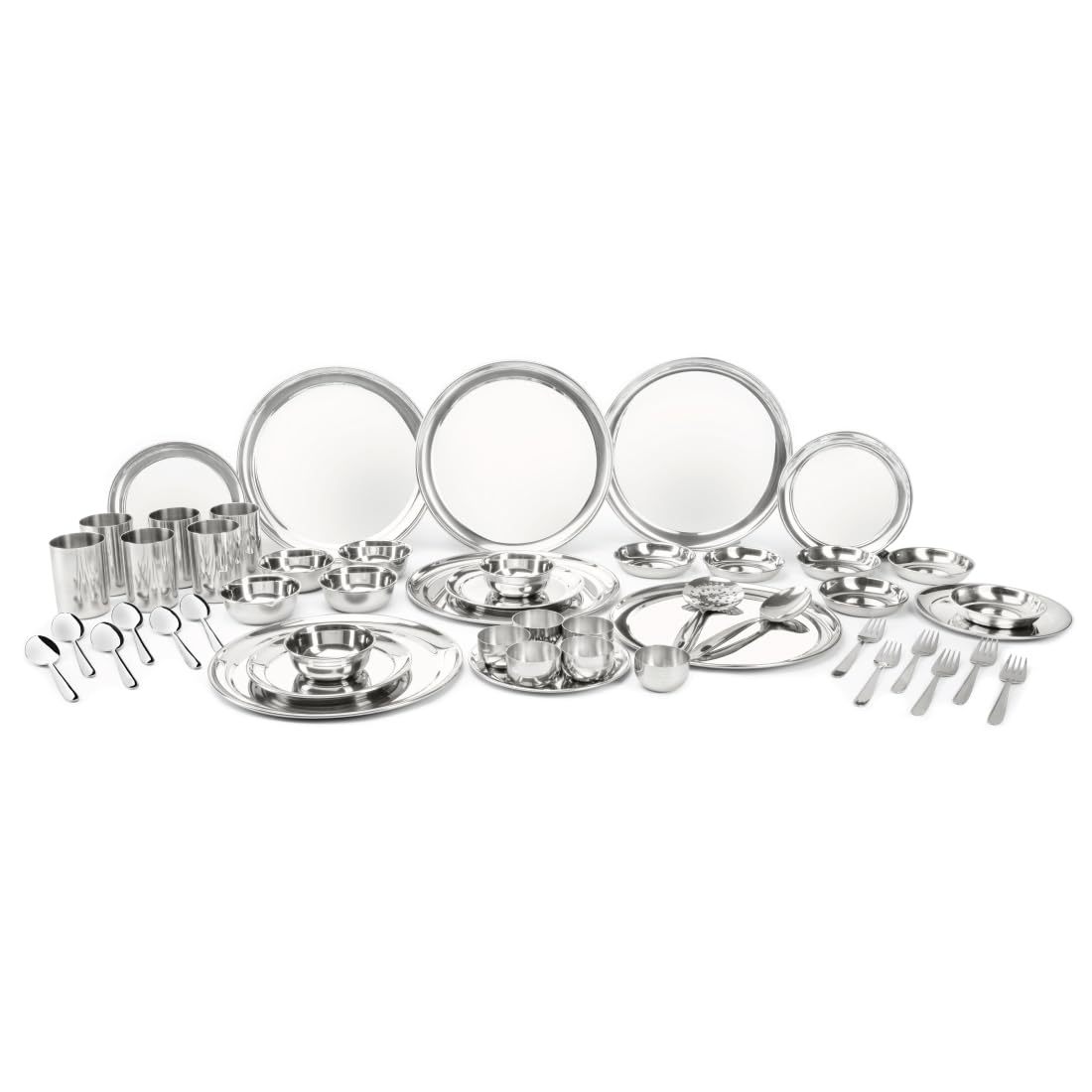 Shri and Sam Dinner Set | 50-Piece Shagun Stainless Steel Dinner Set for 6 People, Solid Silver Steel Kitchen & Dining Set with Plates, Bowls, Glasses, Spoons & Serving Essentials