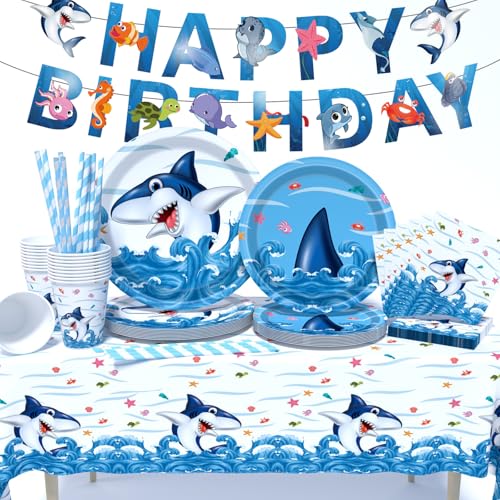 DUGEHO Conjunto de louça de tubarão de 16 convidados, guardanapos, copos, toalha de mesa, para Baby Shower compromisso suprimentos de festa