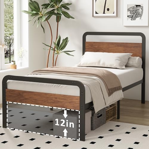 Image of Richwanone 14 Inch Twin XL Bed Frame with Wood Headboard and Footboard, Metal Platform Frame with Steel Slat Support, No Box Spring Needed, Easy Assembly, Black