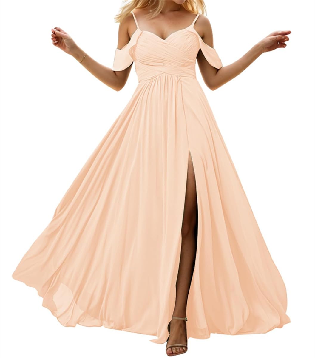 Wseyu Women's Peach Long Chiffon Bridesmaid Dress With Slit Cold Shoulder A-Line Formal Evening Party Gowns With Pockets Uk10