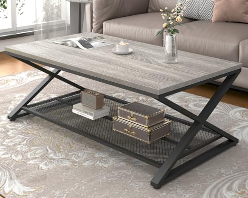 LVB Table Basse Rectangulaire 120x60x45 cm Table de Salon avec Espace de Rrangement Meubles de Salon Table Basse en Bois et Métal Design Moderne Gris