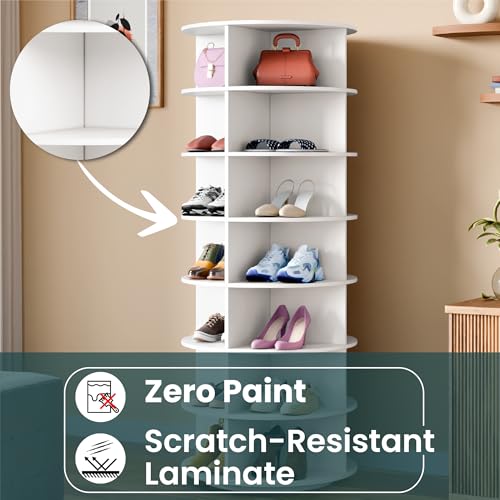 Image of 360 Rotating Multipurpose Storage Cabinet - Laminated Engineered Wood Organizer Rack | Space-Saving Rotating Shelf for Bedroom, Living Room, Dressing Area & Bathroom (White, 7-Tier)