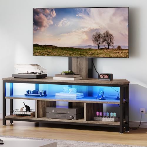 DWVO Farmhouse TV Stands for Living Room w/Power Outlet, TV Stand with Mount, LED Entertainment Center for 70/65/60 inch TV, Height Adjustable TV Console Cabinet, Grey