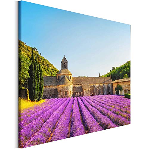 Revolio 40x30 cm Impression sur Toile Murale Tableau Art Peinture Image Motif Moderne Décoration pour Le Salon Intérieur Photo - Lavande église Provence Violet Bleu
