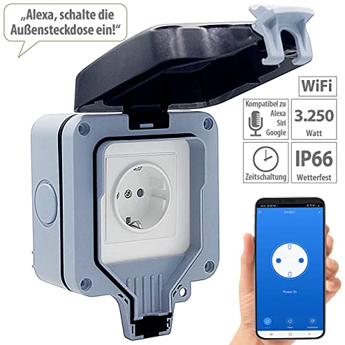 Luminea Home Control WLAN Außensteckdose: Outdoor-WLAN-Aufputzsteckdose, Sprachsteuerung, Verbrauchsmesser, App (Outdoor Steckdose, W-LAN Steckdose, Weihnachtsbaumbeleuchtung)