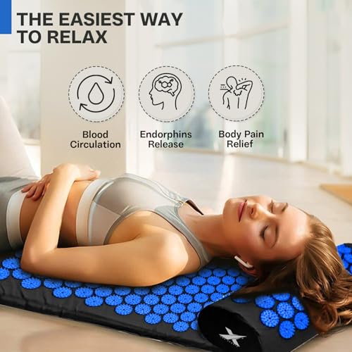 XN8 Yoga Acupressure Mat Pillow Set Acupoint Acupuncture Reflexology Mat for Massage-Pain Relief-Stress Reduction-Therapy-Relaxation with Carrying Bag and Strap(Black/Blue) - Image 6