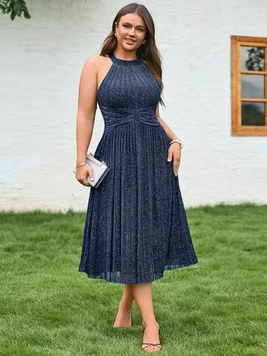 Ever-Pretty Plus Women's Glitter Halter Sleeveless Pleated Midi A-Line Plus Size Formal Wedding Guest Dresses3