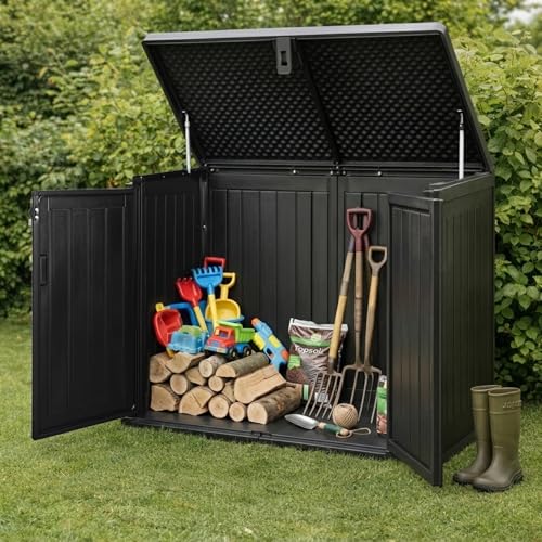 Olsen & Smith 775L Waterproof Garden Shed - Lockable Outdoor Storage Box with Lid & Twin Doors Wheelie Bin Storage for 2x 180L Bins Small Bike Shed Garden Tool Storage Padlock Included