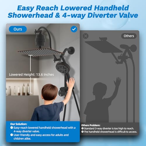 Image of Hibbent 12 inch Dual Filtered 10 inch Rainfall Shower Head with Handheld 10-Spray | High Pressure Metal Oil-Rubbed Bronze Showerhead Combo with Filter, Extension Arm with 4-way Diverter, 71'' Hose & Holder