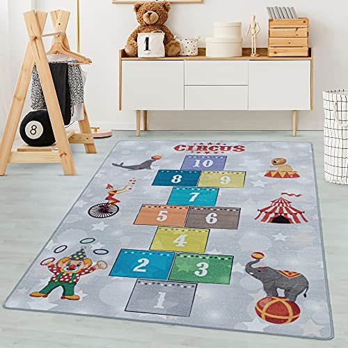 Carpetsale24 Kinderteppich Zirkus mit Hüpfkästchen Design Grau 100 x 150 cm - Kurzflor Teppich...