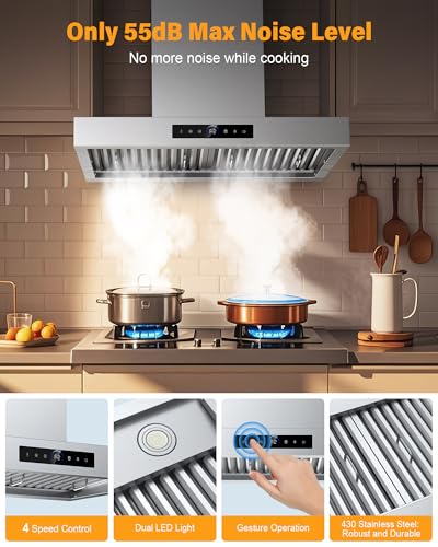 30 Inch Wall Mount Range Hood 1200CFM, 4-Speed Wall Mount Range Hood with Touch Control & Gesture Sensing Stainless Steel Kitchen Stove Vent Hoods with 2 LED Lights Luxury Series