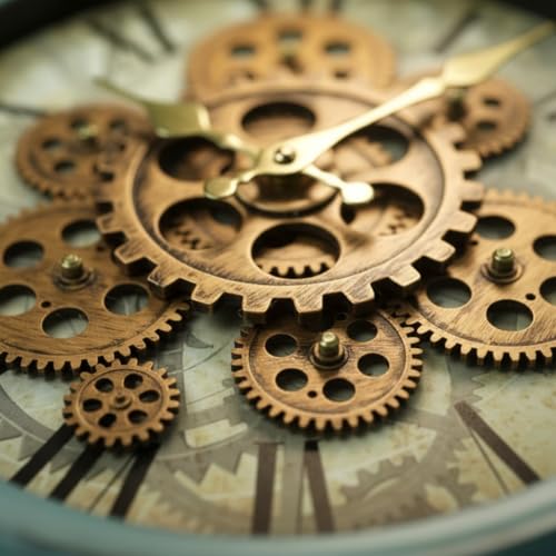 Image of STAR WORK Vintage Gear Wall Clock Industrial Rustic Farmhouse Classic Style Mechanical Charm Perfect for Living Room Bedroom Office or Entryway Decor (Blue -14 INCH)