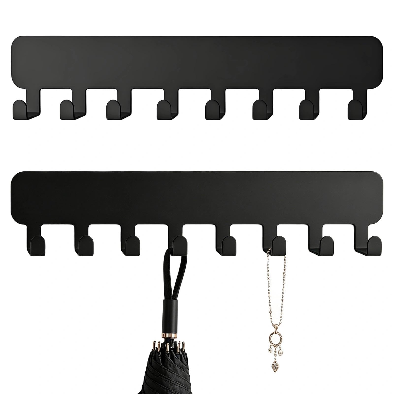 Binmiza Women's Black 2 Pcs Wall Mounted Necklace Holder, 8 Hook Adhesive Jewellery Hooks, No Drill Necklace Storage For For Necklaces Bracelets Rings, Bedroom Closet Storage (Black)