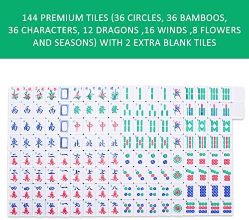 Miniatura 4 de ZGME Juego de mahjong chino, juego de Mah-Jongg, Mah Jongg tradicional completo con 146 azulejos numerados grandes (1.5 pulgadas, verde), estuche de
