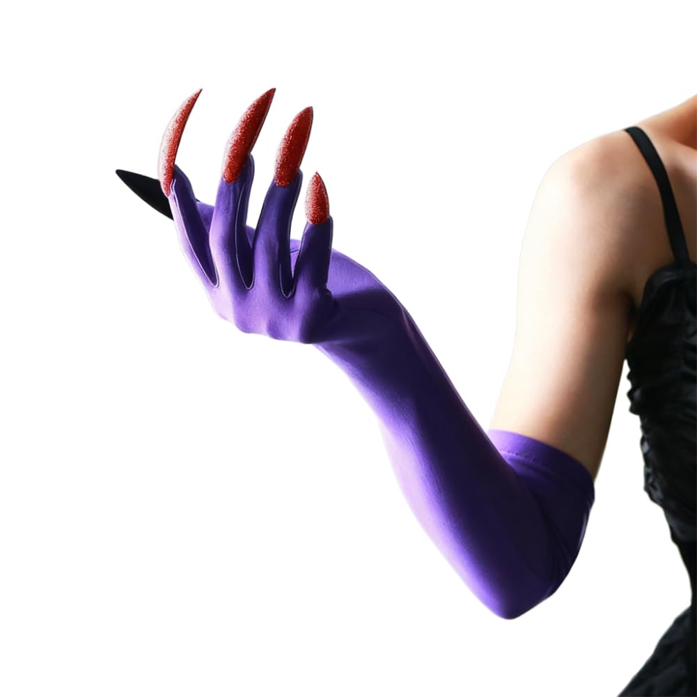 Black Gloves with Long Nails Adult Woman Halloween Handwear Witch Devil Ghost Cosplay Gloves Stretchy Breathabwomenle Elbow Length Mittens Fancy Dress Up Party Cosplay Carnival (Purple+Red Nails)