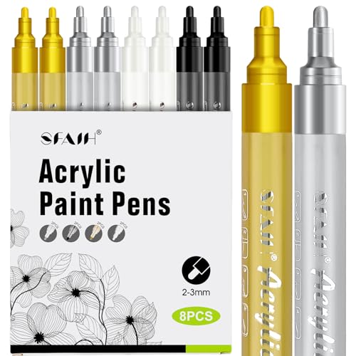 Image of SFAIH Acrylic Paint Pens, 0.7mm Extra Fine 2-3mm Medium Tips, 8 Count Pens | High Coverage, Rock, Paper, Wood, Fabric, Glass, Metal, Ceramic, Painting, DIY Art Projects, Crafts, Large Capacity