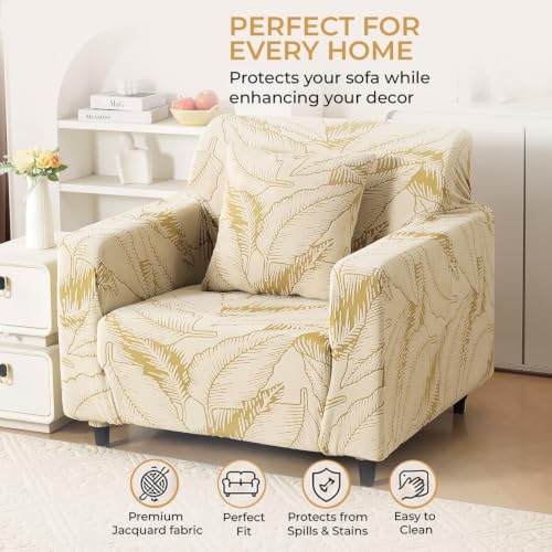 Image of HOKIPO Leaf & Loom Stretch Sofa Cover 1 Seater, Golden Beige